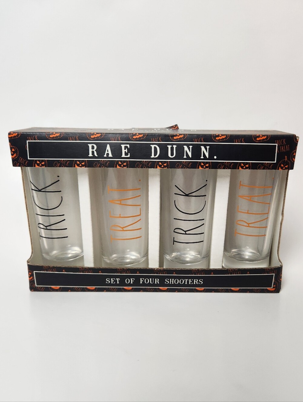 Rae Dunn Clear Shooter Glasses with Black and Orange Lettering - Set of 4